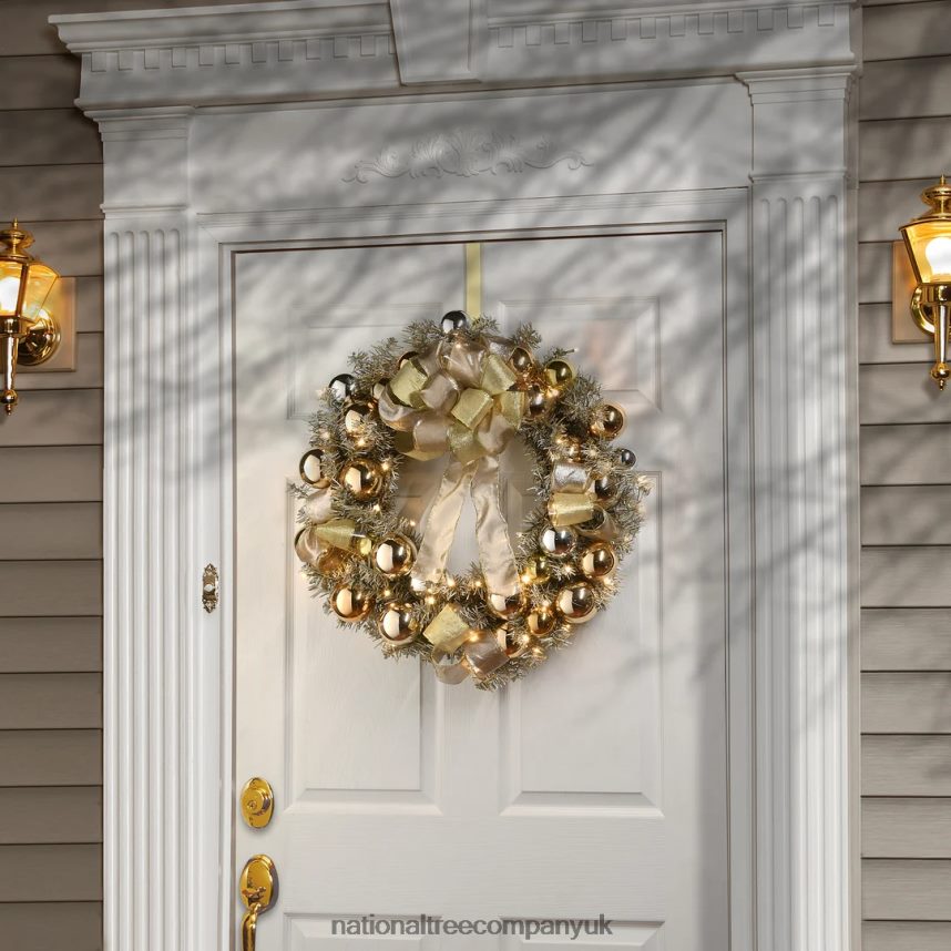 Greenery | National Tree Company Pre-Lit Artificial Christmas Wreath Gold Ornament Metallic with Warm White LED Lights Battery Powered 28 in F2L4F267